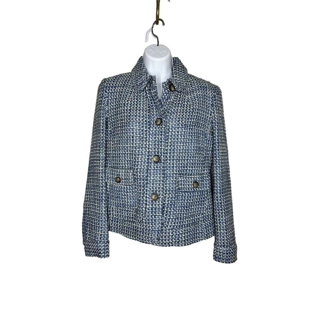 Talbots Blue White Wool Blend Tweed Collarless Open Front Pocket Jacket Size 2